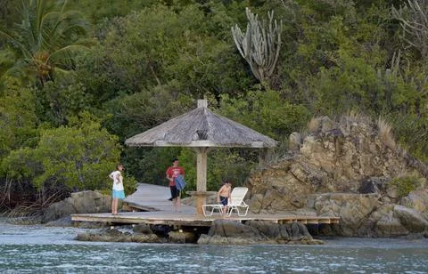 Oceanside Deck at Rat Point, Bitter End Yacht Club, Gorda Sound, Virgin Gorda Stock Photos