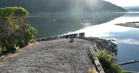 Oceanside, madrone tree, chairs, reflection - 5K Video stock 225821175