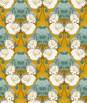 Ocher poppies seamless pattern vector floral design primitive scandinavian Stock Illustration