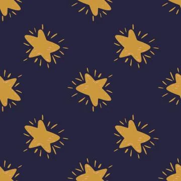 Ocher star ornament seamless pattern. Hand drawn doodle elements on navy blue Stock Illustration