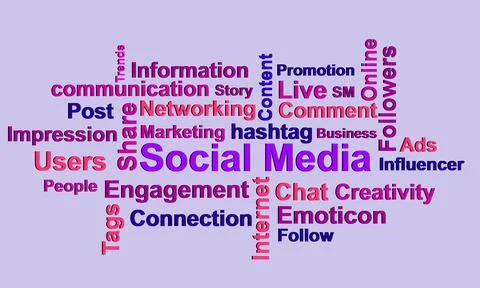 Ocial Media Tag cloud. SM Related Words and Keywords on white background. Col Stock Illustration