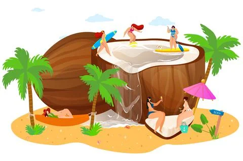 Oconut with tiny people on beach, concept, summer vacation, trip for travel 스톡 일러스트