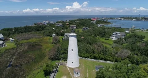 Ocracoke Lighthouse drone shot in the Outer Banks, North Carolina.   Stock Footage 134911299