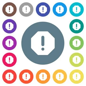 Octagon shaped error sign flat white icons on round color backgrounds Stock Illustration