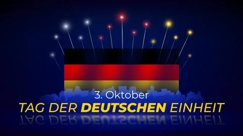 October 3, unity day germany. Colorful flag and cityscape. Fireworks, flag Stock Illustration
