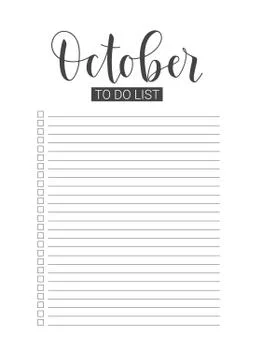 October To Do List. Vector Template. Handwritten lettering. Stock Illustration