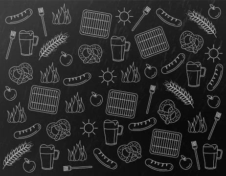 October fest pattern Vector. Dark background. Beer and pretzel line art backg Stockillustratie