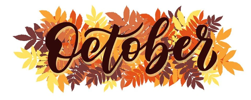 October, vector script with decorative rowan leaves elements. Hand drawn brush Stock Illustration