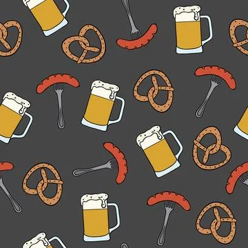 Octoberfest elements seamless pattern. Background with beer, pretzel, beer, s Illustrazione stock