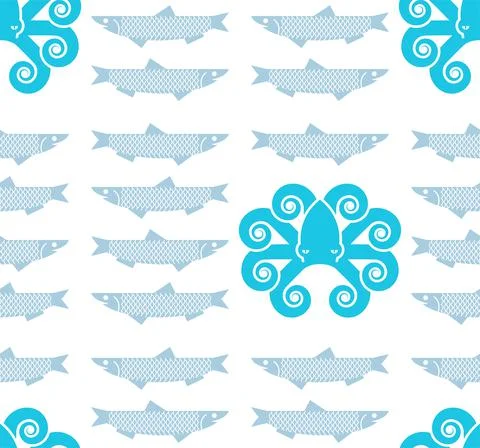 Octopus and fish pattern seamless. Nautical poulpe background. marine devilfi Illustrazione stock