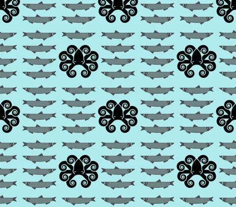 Octopus and fish pattern seamless. Nautical poulpe background. marine devilfi Illustrazione stock