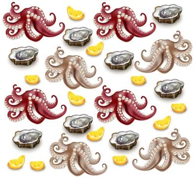 Octopus and oysters pattern Vector realistic. Detailed 3d illustrations Ilustración de archivo