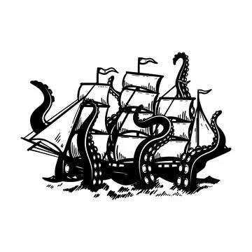 Octopus attack on sailboat. Design element for poster, card, banner, emblem.. Stock Illustration