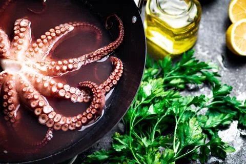 Octopus is boiled in a pot of water. Stock Photos