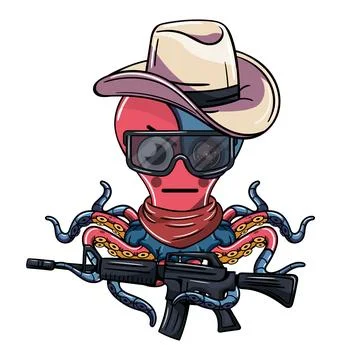 Octopus cartoon comic cyborg with an old west cowboy hat, with glasses and .. Stock Illustration