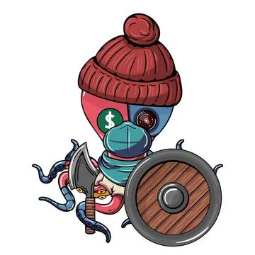 Octopus cartoon comic cyborg with a red wool beanie with face mask, an ax a.. Stock Illustration