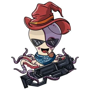 Octopus cartoon comic cyborg with a red witch hat, smoking a pipe with glas.. Stock Illustration