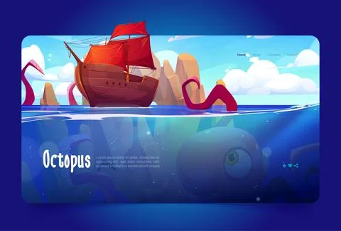 Octopus cartoon landing page, Giant kraken monster Stock Illustration