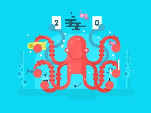 Octopus character design flat Stock Illustration