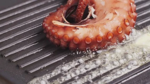 Octopus cooking, chef grill fresh octopus galician style on restaurant kitchen Stock Footage 286148366