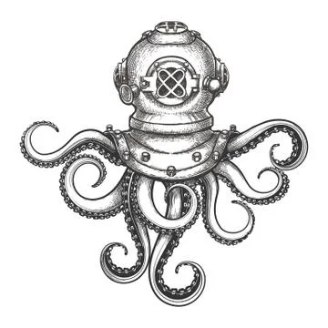 Octopus in Diving Helmet Stock Illustration