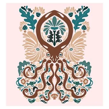 Octopus with flowers. Folk-style pattern, symmetrical, detailed vector elemen Stockillustratie