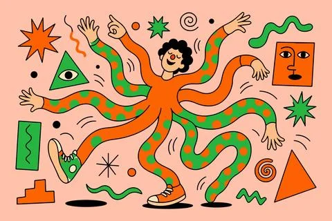Octopus Man Dancing with Abstract Shapes 库存插图