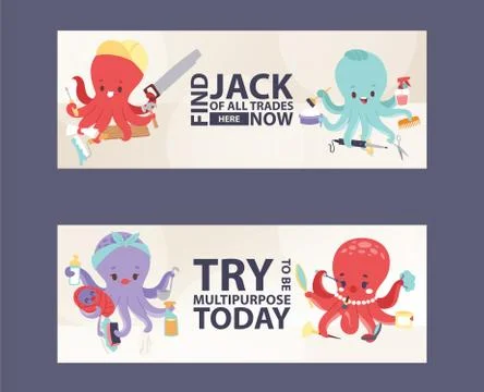 Octopus multitasking character vector illustration for banners. Builder with Stock Illustration