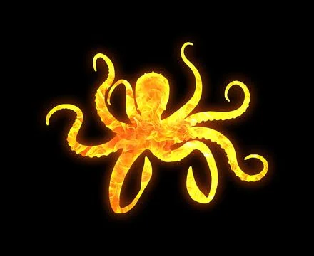 Octopus outline with a bright fire pattern isolated on a black background Illustrazione stock