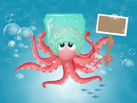 Octopus with plastic waste Stock Illustration