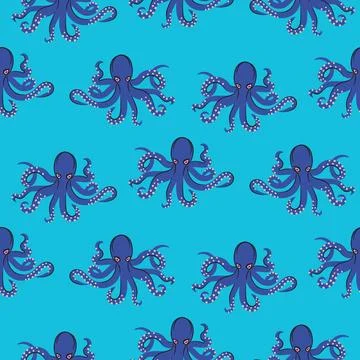 Octopus seamless pattern blue and purple. Cartoon style icons ocean animal ve Stock Illustration