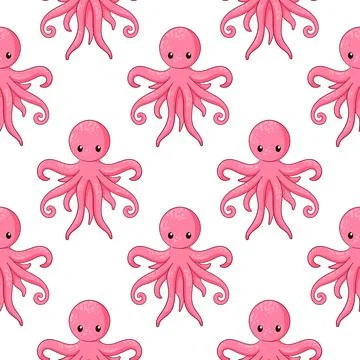 Octopus seamless pattern in cartoon style. Design for summer print on a white Stock Illustration