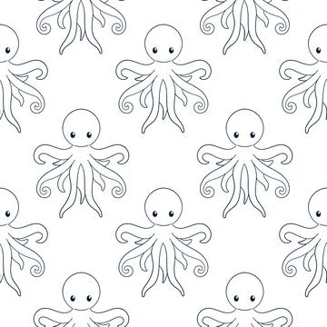 Octopus seamless pattern in line art style. Design for children book cover on a Stock Illustration