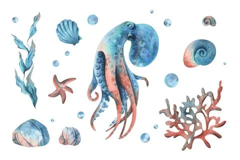 Octopus, shells, starfish, fish, bubbles, pebbles and other sea animals and Stock Illustration