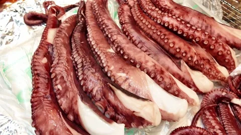 Octopus Tentacles and Squid Displayed Fresh at Seafood Market Stall in Jeju Stock Footage 341180750