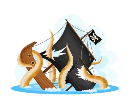 Octopus Tentacles Pulling Pirate Ship or Vessel to the Ocean Bottom Vector イラスト素材