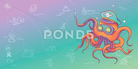 Octopus Wearing Captain Hat and Goggles Stock Illustration