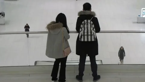 Oculus, lone couple balcony high angle. World Trade Center, Manhattan Nyc,15  Stock Footage 220537112
