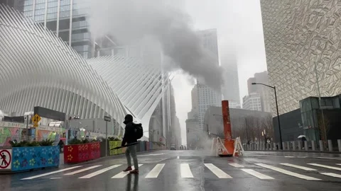 Oculus NYC-Steam Vent-Bicycle-Pedestrian-WTC-Fulton St-Downtown Manhattan Stock Footage 272833129