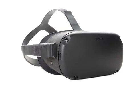 Oculus Quest 2 VR headset in black, with straps that can be tailored to fit.. Stock Photos