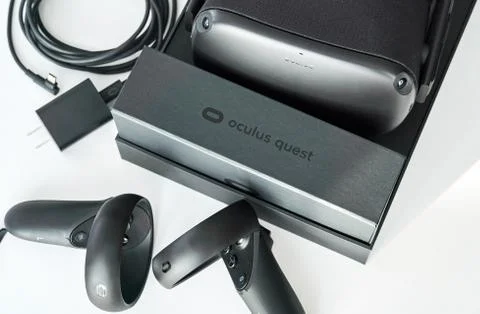 Oculus Quest VR virtual reality headset and controllers by Facebook Stock Photos