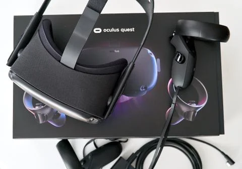 Oculus Quest VR virtual reality headset and controllers by Facebook Stock Photos