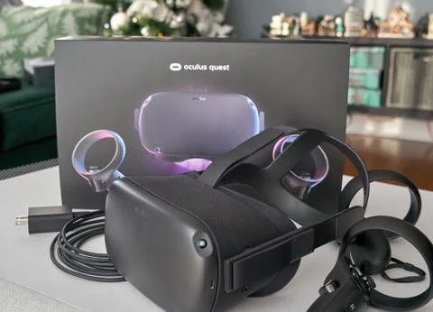 Oculus Quest VR virtual reality headset and controllers by Facebook Stock Photos