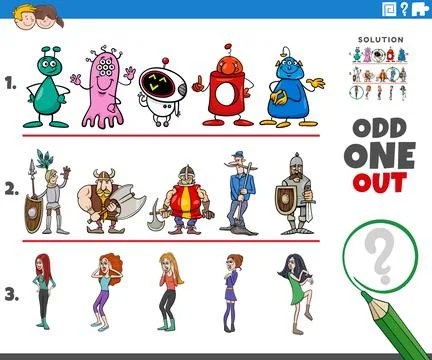 Odd one out activity game with cartoon characters Stock Illustration