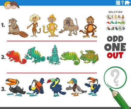 Odd one out activity game with funny cartoon animal characters Stock Illustration