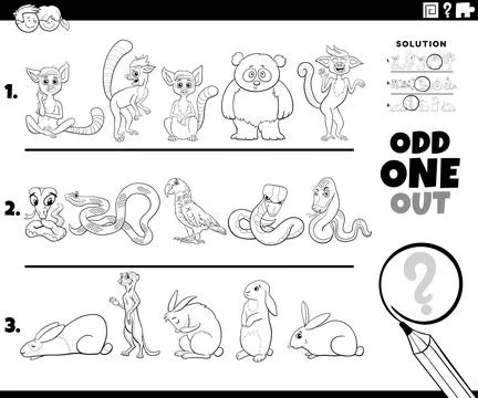 Odd one out activity game with cartoon animal characters coloring page Stock Illustration