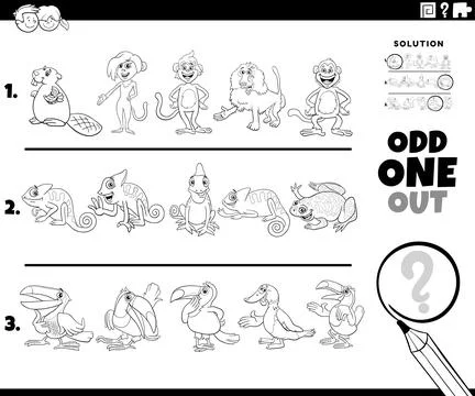 Odd one out activity game with funny cartoon animal characters coloring page Stock Illustration