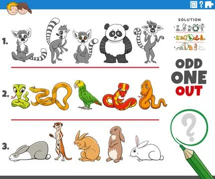 Odd one out activity game with cartoon animal characters Stock Illustration