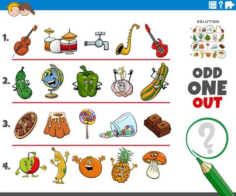 Odd one out picture task with cartoon characters Stock Illustration