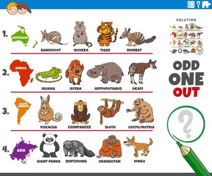 Odd one out picture task with animal species and continents Cartoon illust... Stock Photos